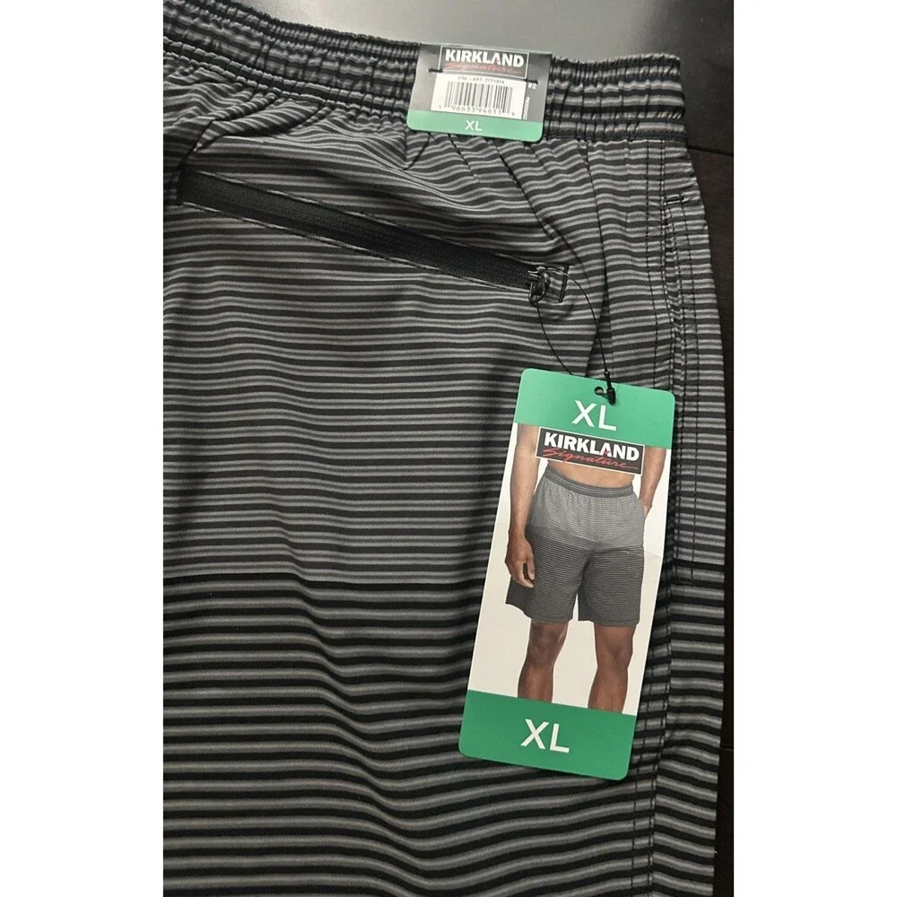 Kirkland Signature  Men's Swim Shorts Trunks Stripe Gray Black Stretch